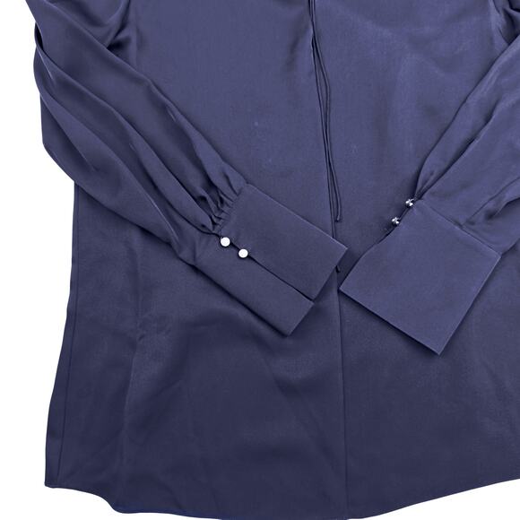 Theory Silk MED Navy Blue Keyhole Tie Front Cuffed Sleeve Blouse Tunic Minimal - Picture 5 of 9